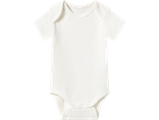 White short-sleeved baby bodysuit with snap fasteners at the crotch.