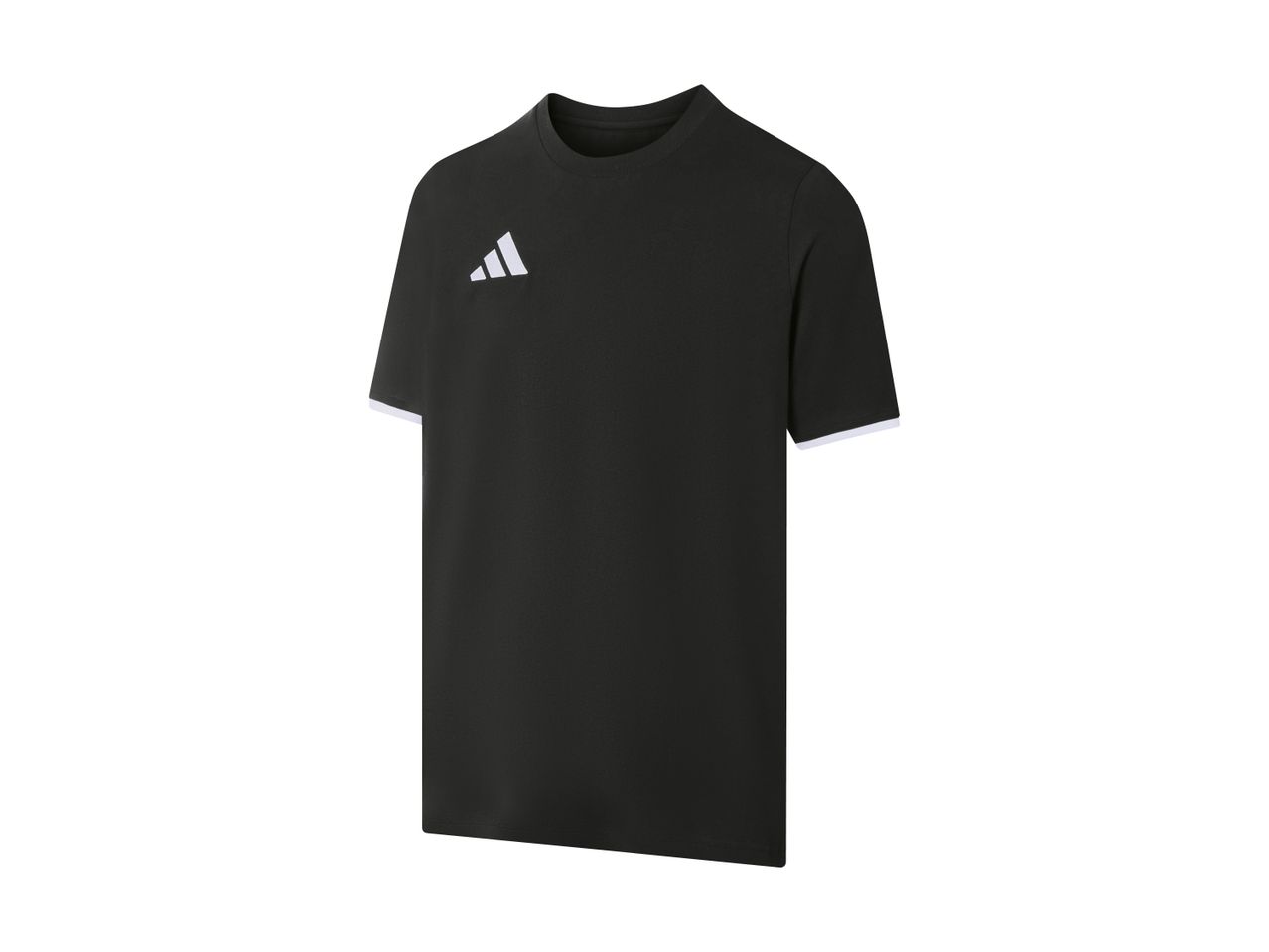 Sort t-shirt med hvide ærmekanter og et hvidt logo på brystet