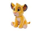 Yellow plush toy of a lion cub with large eyes and a pink nose, sitting upright.