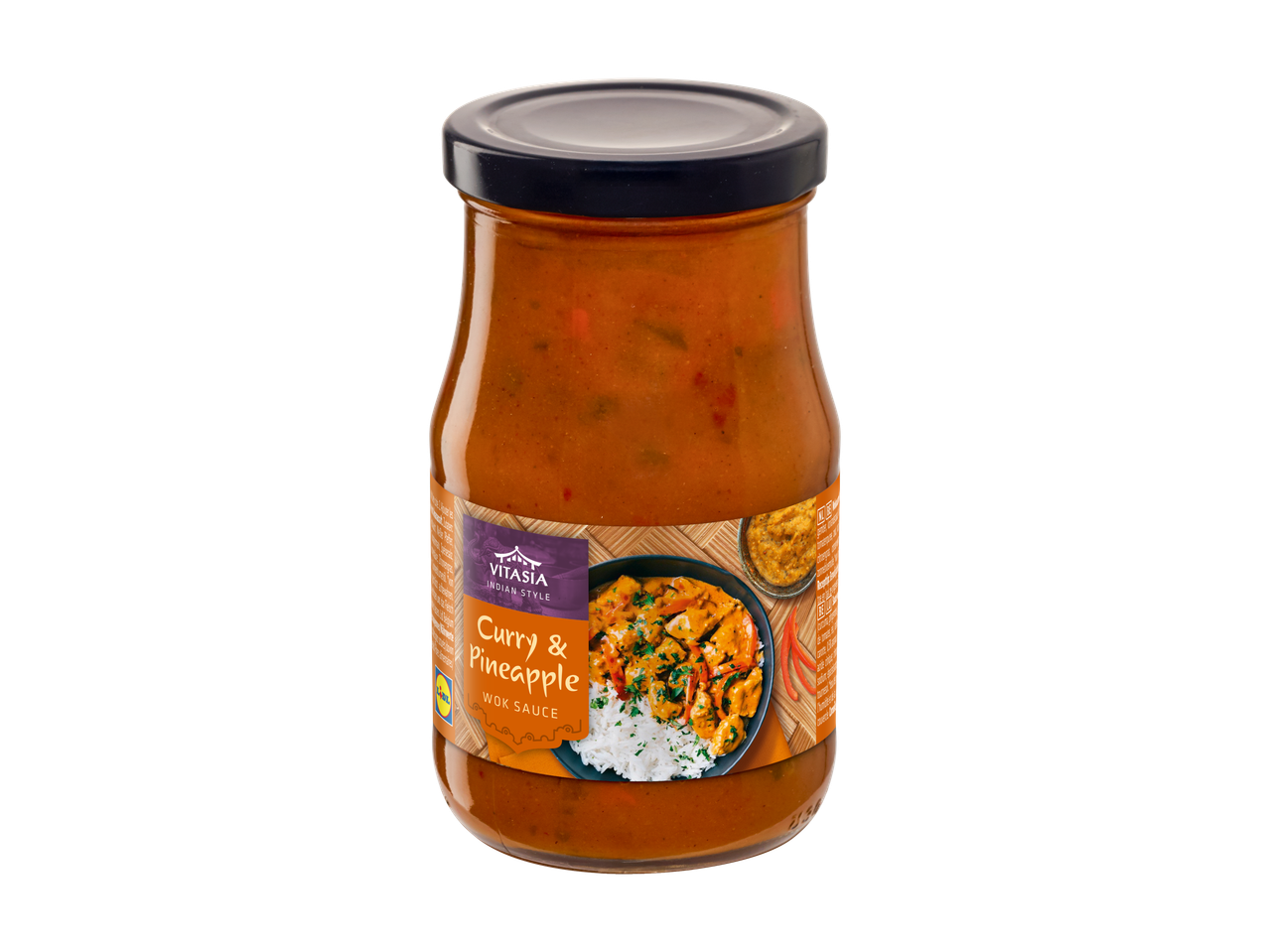 Vitasia Curry & Ananas Woksaus in een glazen pot, met een etiket dat een gerecht met rijst toont.