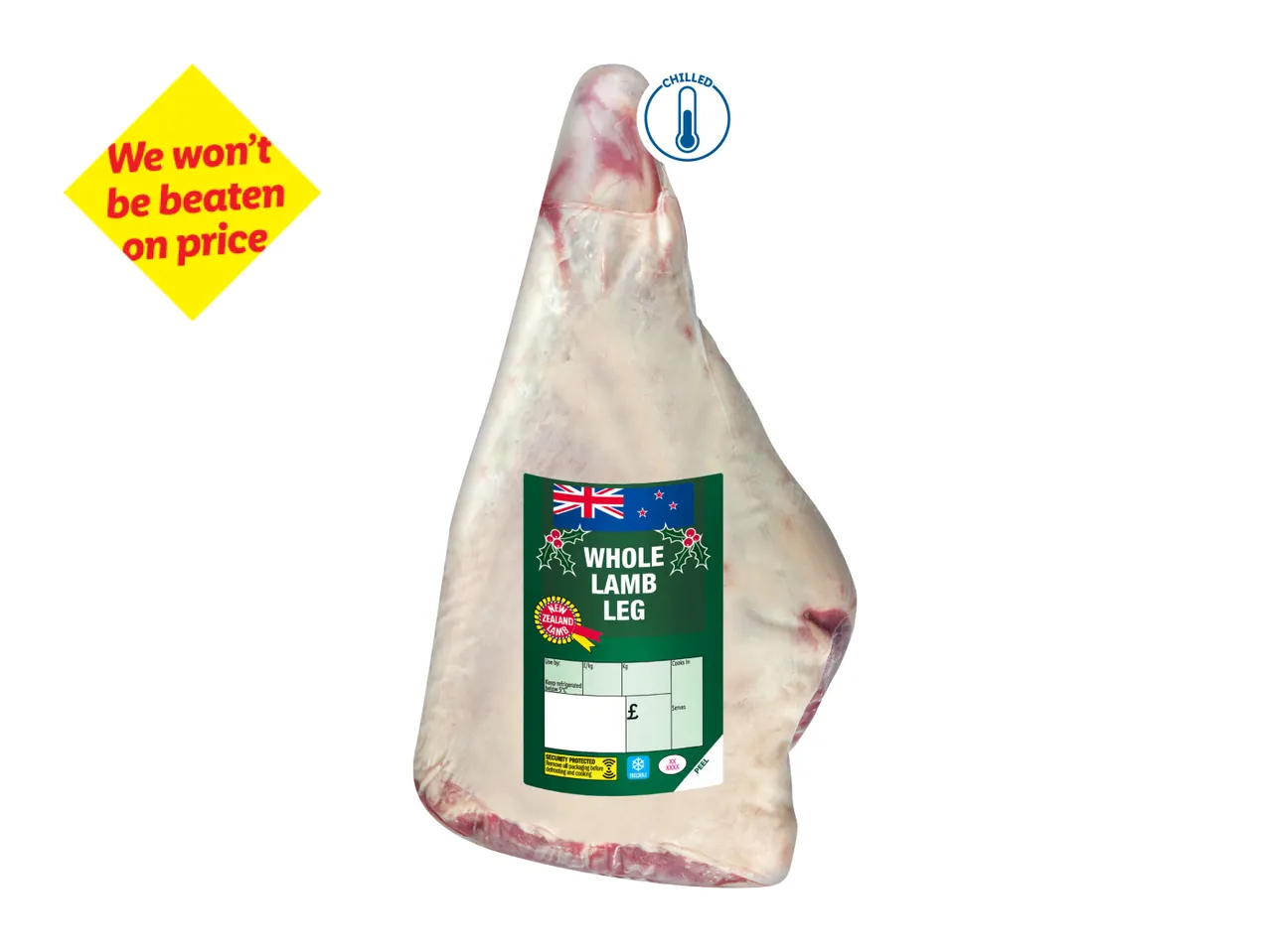 Chilled whole lamb leg from New Zealand with a price guarantee label