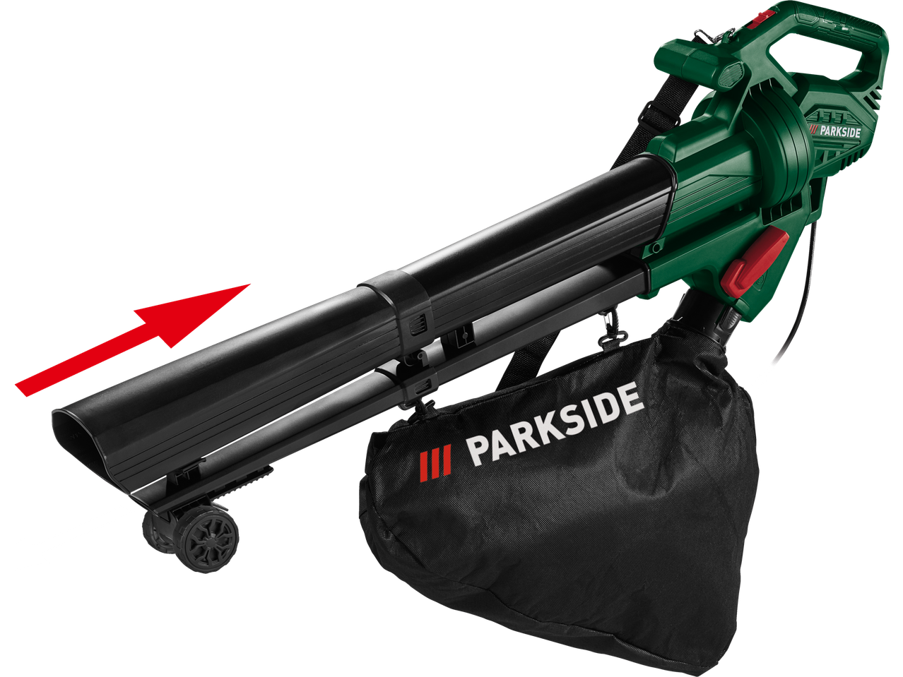 Dispositivo verde para recolher folhas com tubos pretos e um saco.