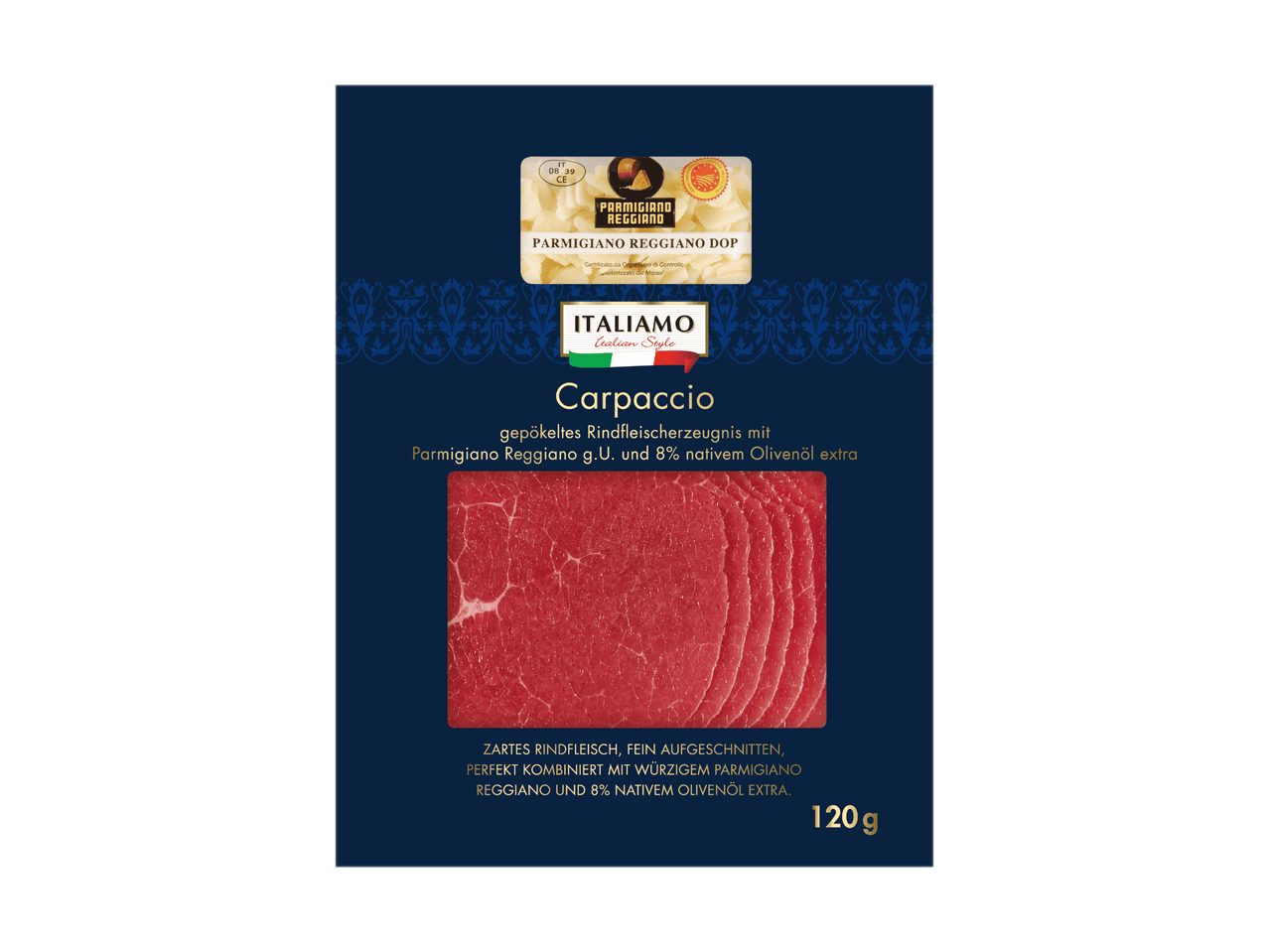 Eine Packung Piacenza Carpaccio, dünn geschnittenes Rindfleisch.