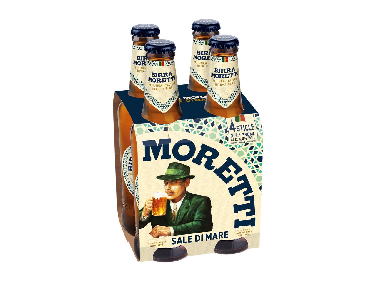 Un set de patru sticle de bere Moretti Sale di Mare, într-un ambalaj de carton.