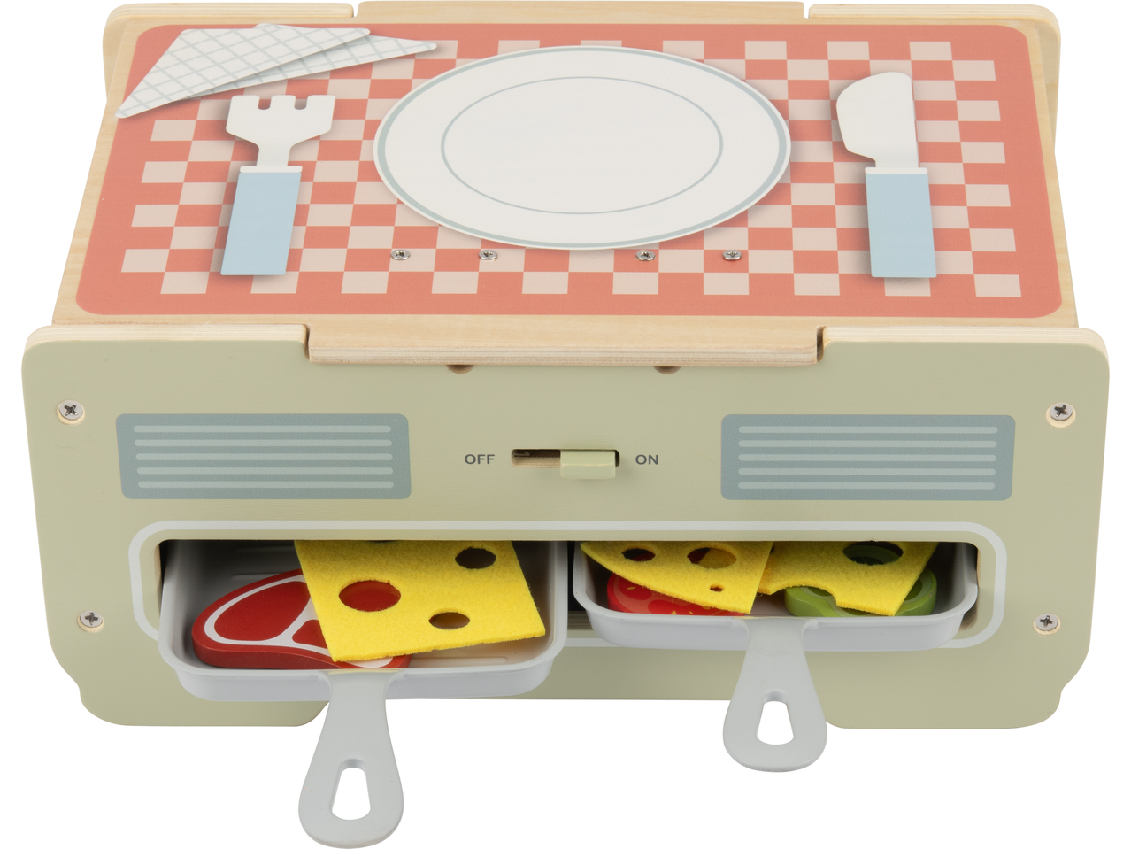 Conjunto de brincar de madeira com churrasqueira, prato, talheres e comida de brincar