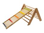 Wooden climbing frame with a slide featuring colorful rungs