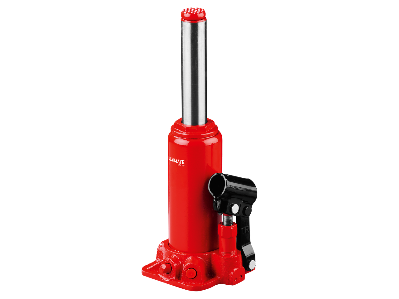 Piros hidraulikus emelő fekete háttér előtt, ezüst színű emelőkarral és fekete fogantyúval.