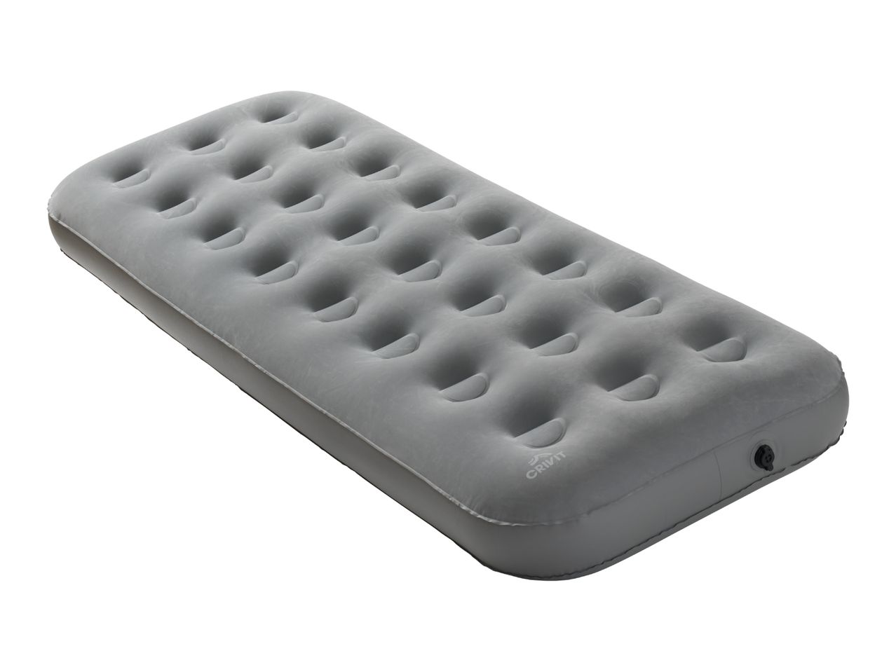 Grey inflatable air mattress with a textured surface and an air valve.