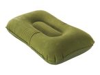 Green inflatable camping pillow with a soft, flocked surface.