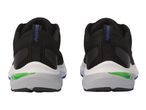 Two black and white athletic shoes with green and blue accents, viewed from the back.