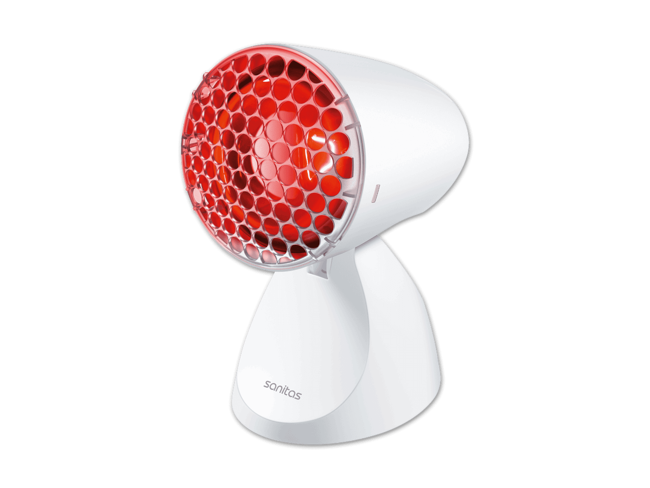 Sanitas Infrarotlampe mit rotem Licht und Wabenmuster auf schwarzem Hintergrund