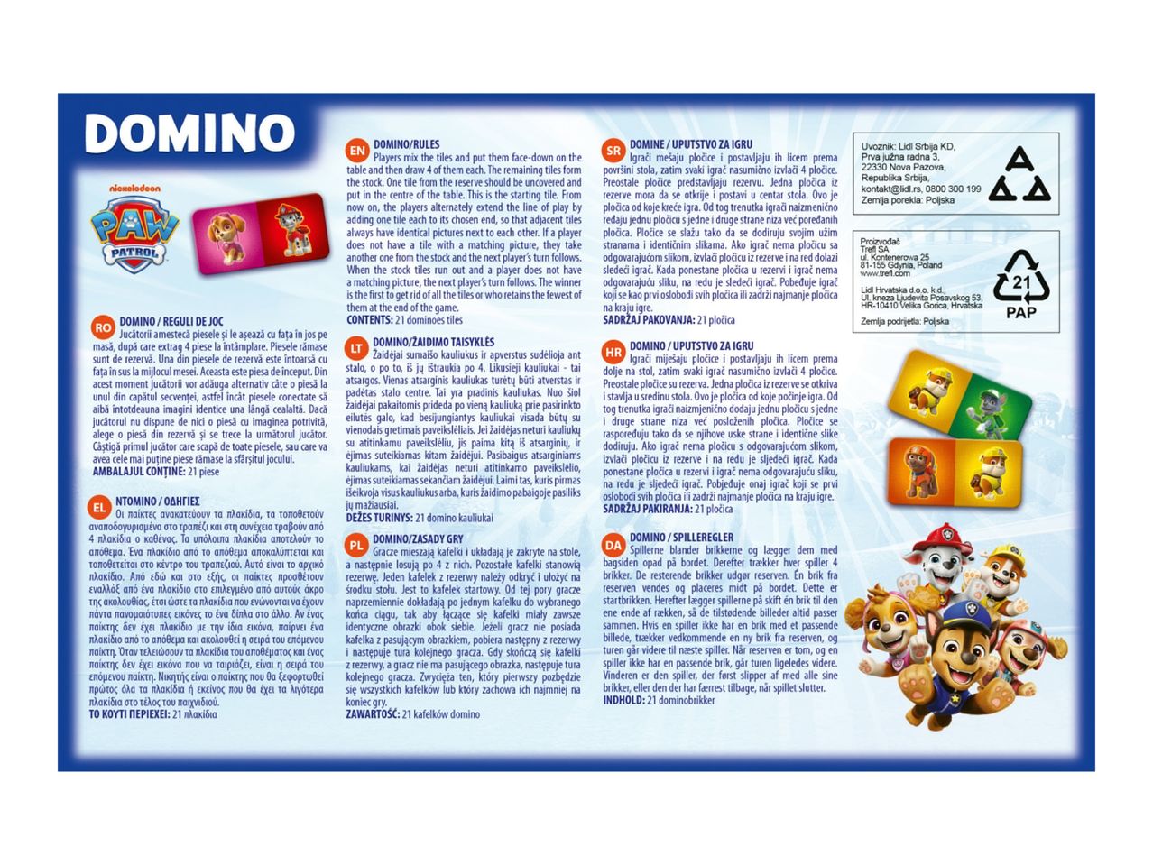 Paw Patrol dominoes game with rules in multiple languages and product information.