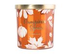 Pumpkin Spice scented candle in an orange glass jar with a gold lid.