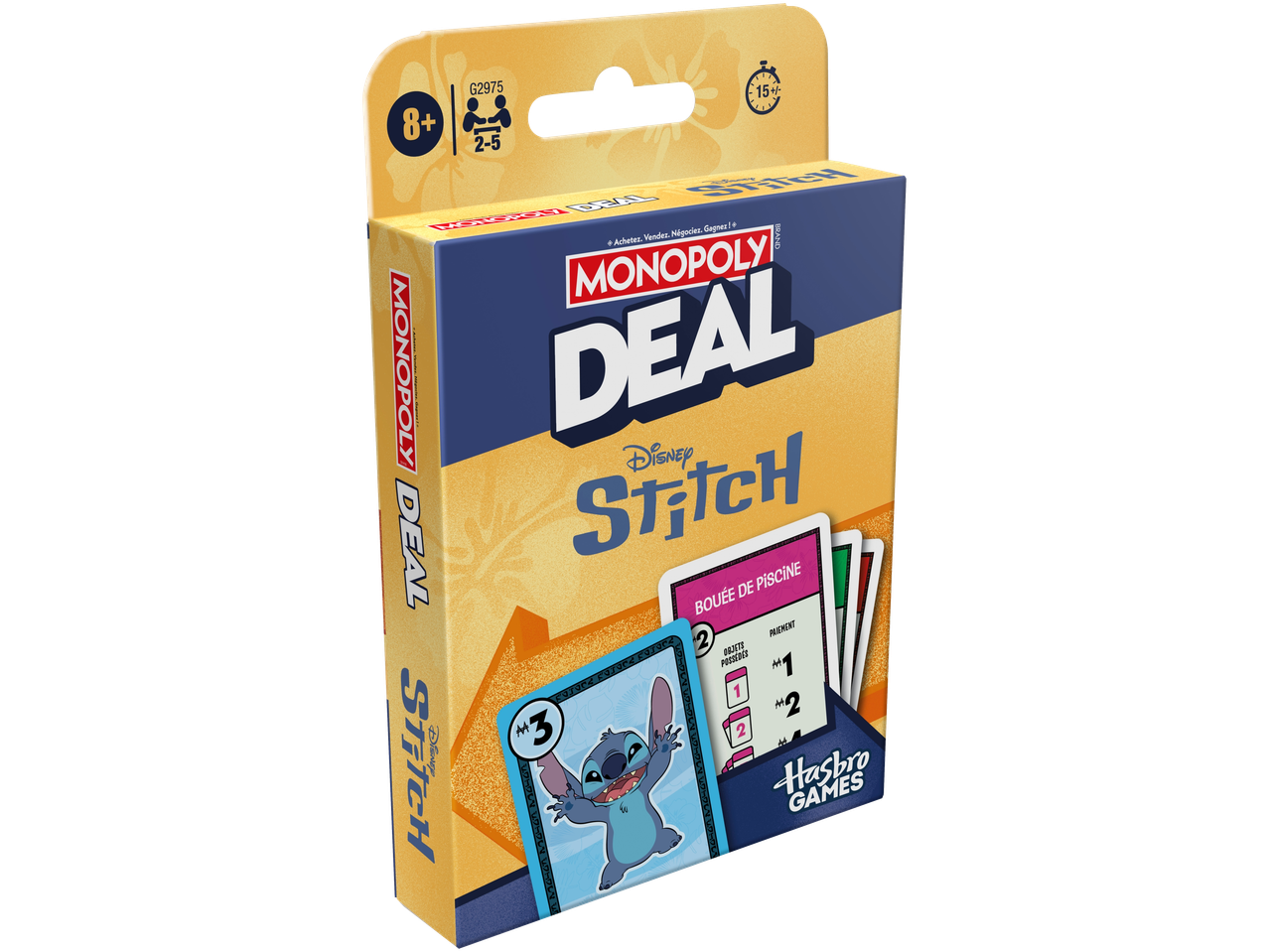 Jeu de cartes Monopoly Deal Disney Stitch pour 8 ans et plus, 2-5 joueurs, 15+ minutes.