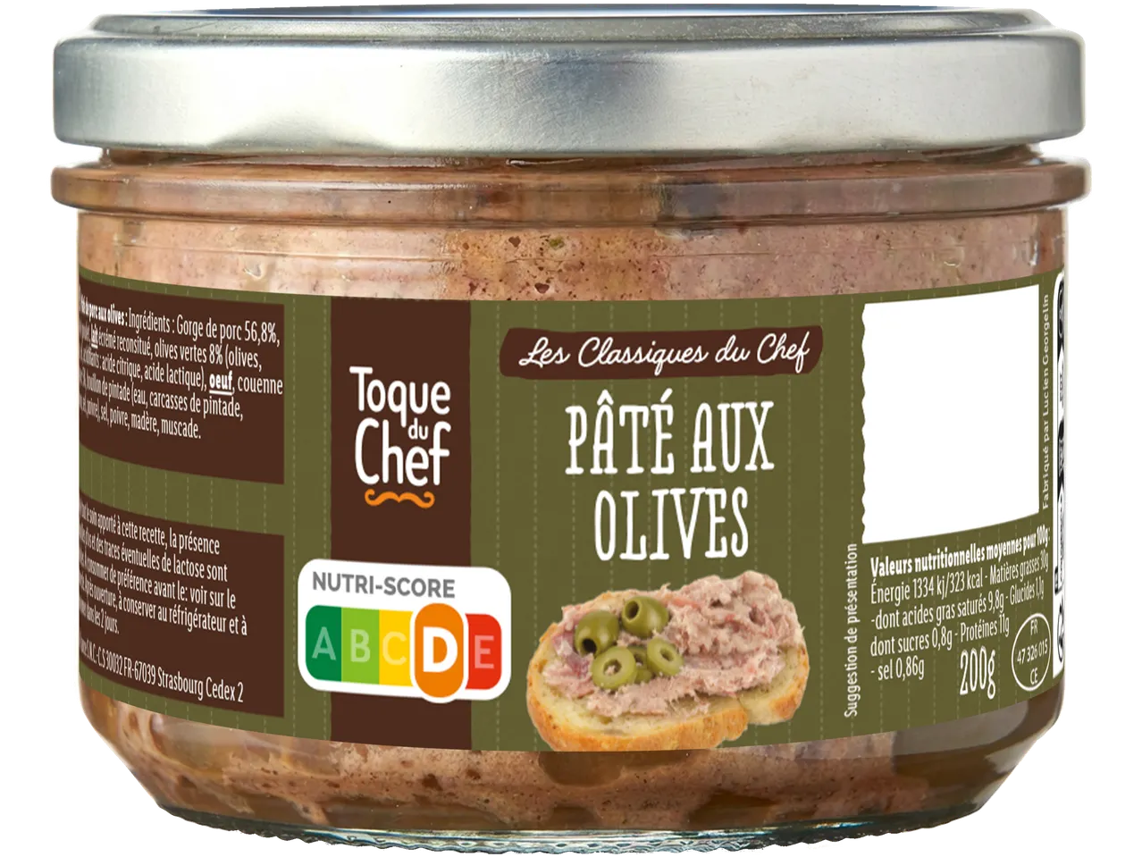 Bocal de pâté aux olives avec Nutri-Score D, accompagné d'une suggestion de présentation sur toast.