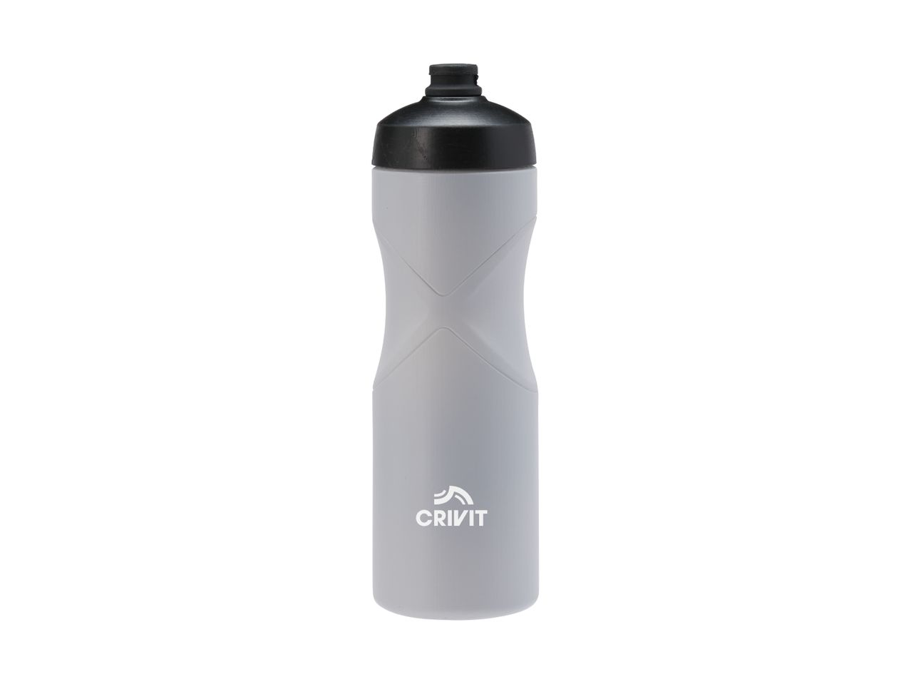 Light grey sports bottle with a black cap and a textured grip design.