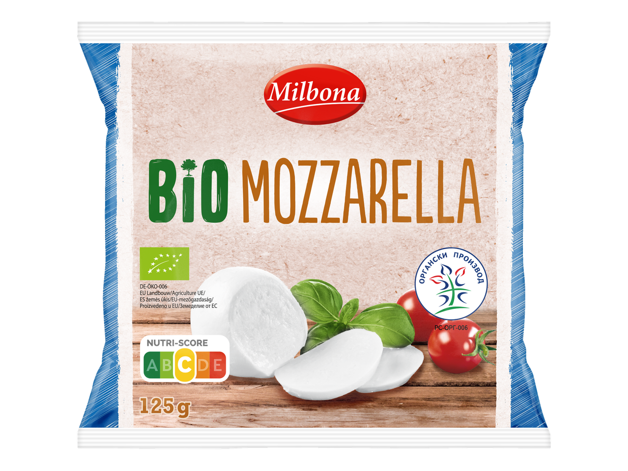 Milbona Bio Mozzarella verpakking met mozzarella, basilicum en tomaten.