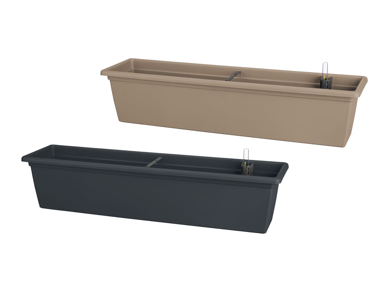 Zwei rechteckige Blumenkästen in Beige und Anthrazit mit Wasserstandsanzeige.