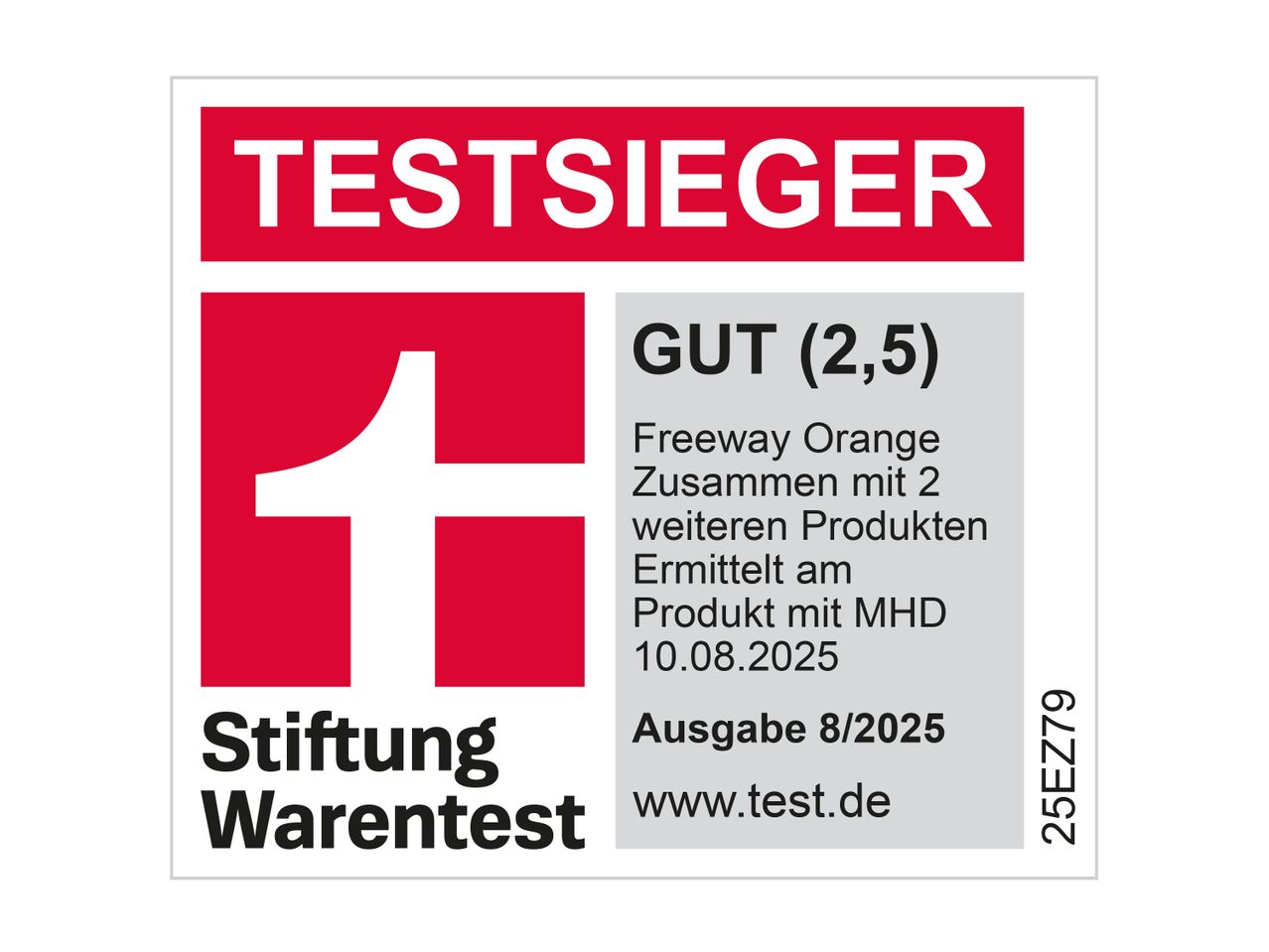 Testsieger-Siegel von Stiftung Warentest für Freeway Orange mit der Note GUT (2,5).