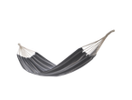 Grey striped hammock for outdoor relaxation.