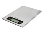 Stainless steel digital kitchen scale with a black display and two buttons, 'Unit' and 'Tare'.
