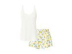 White camisole with lace trim and white shorts with a yellow lemon and blue leaf pattern.