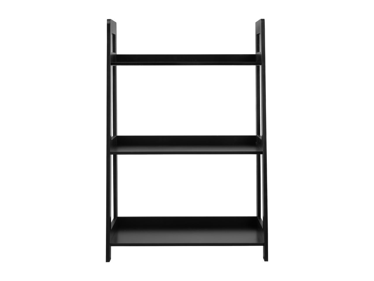 Black three-tier ladder shelf on a white background.