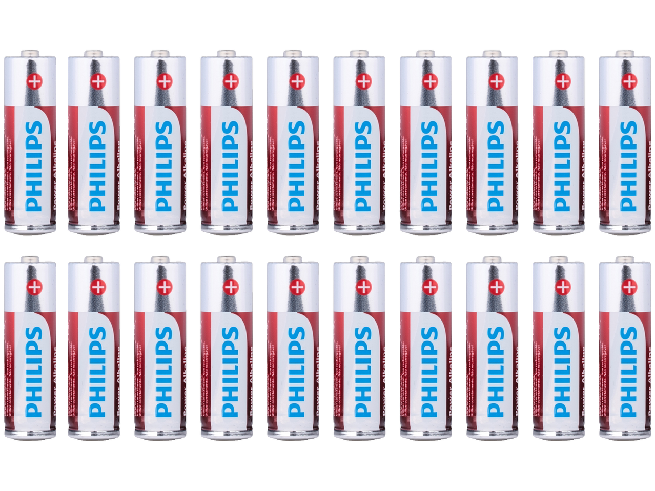 Row of Philips Power Alkaline batteries.