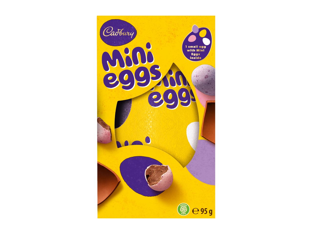 Mini eggs in a small egg, with a cocoa life logo and net weight of 95g.