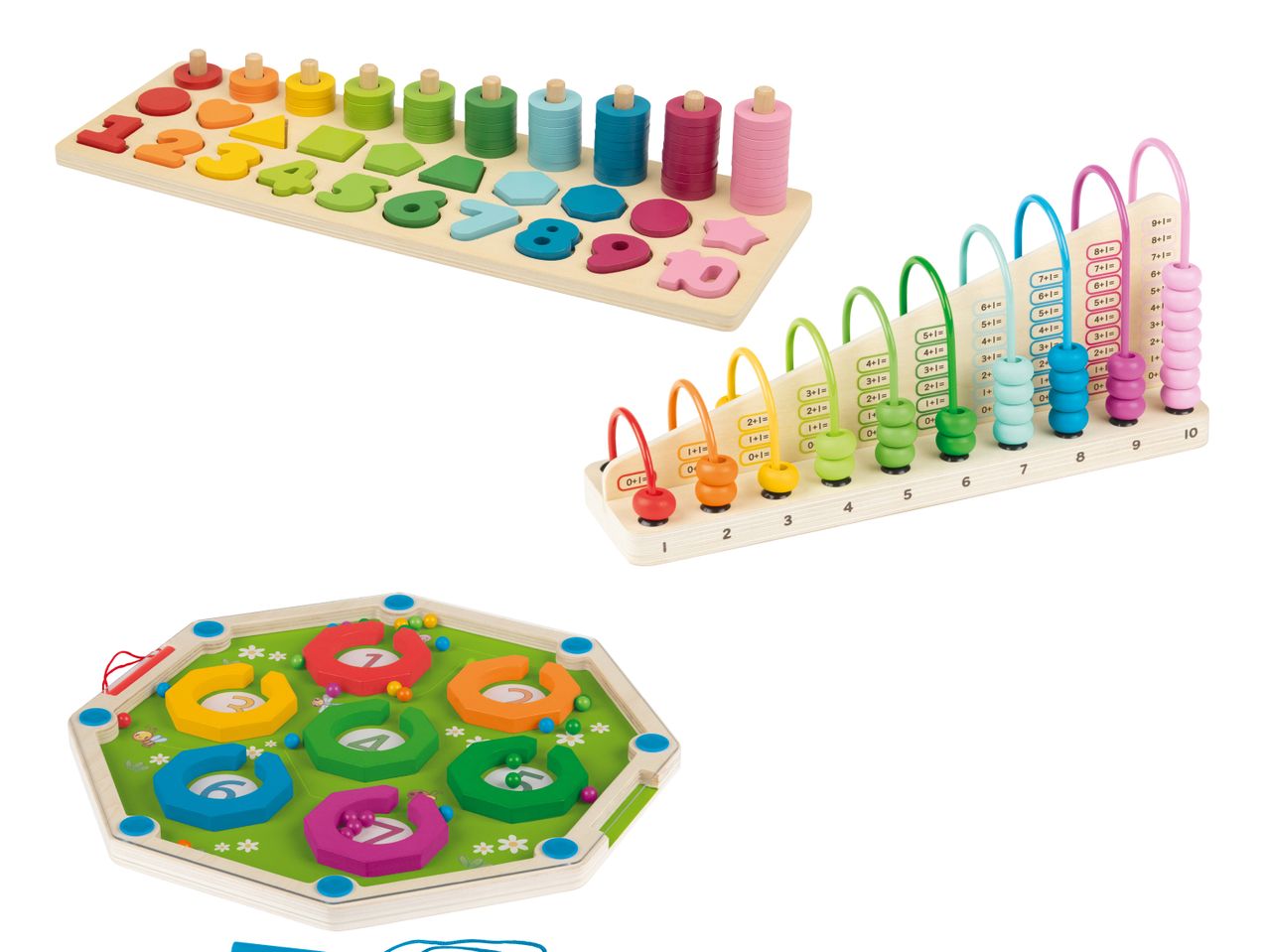 Holzspielzeug zum Lernen von Zahlen und Formen, inklusive Rechenschieber und Motorikspiel.
