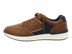 Men's brown and navy blue casual sneakers with white soles