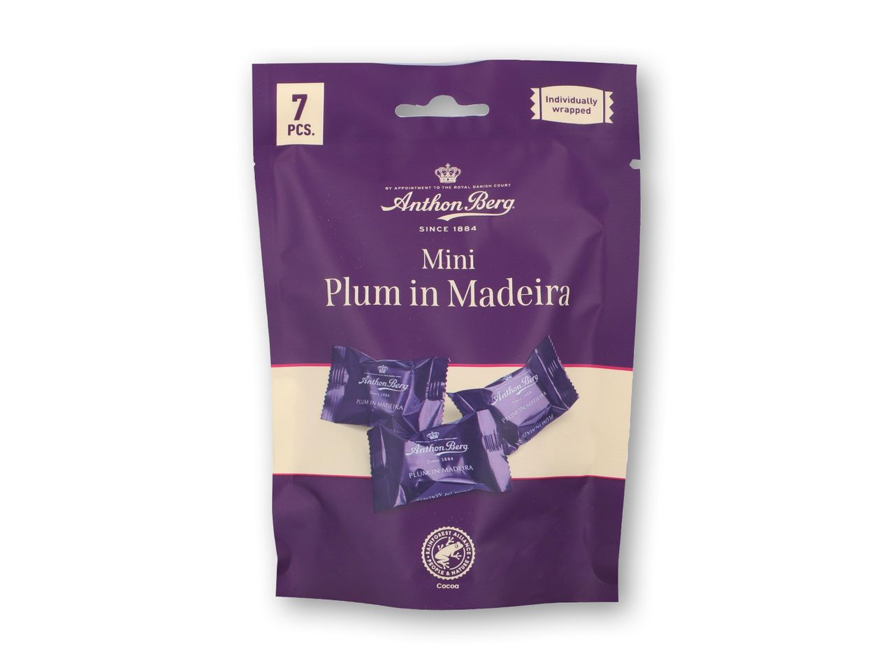 En lilla pose Anthon Berg Mini Plum i Madeira chokolade.