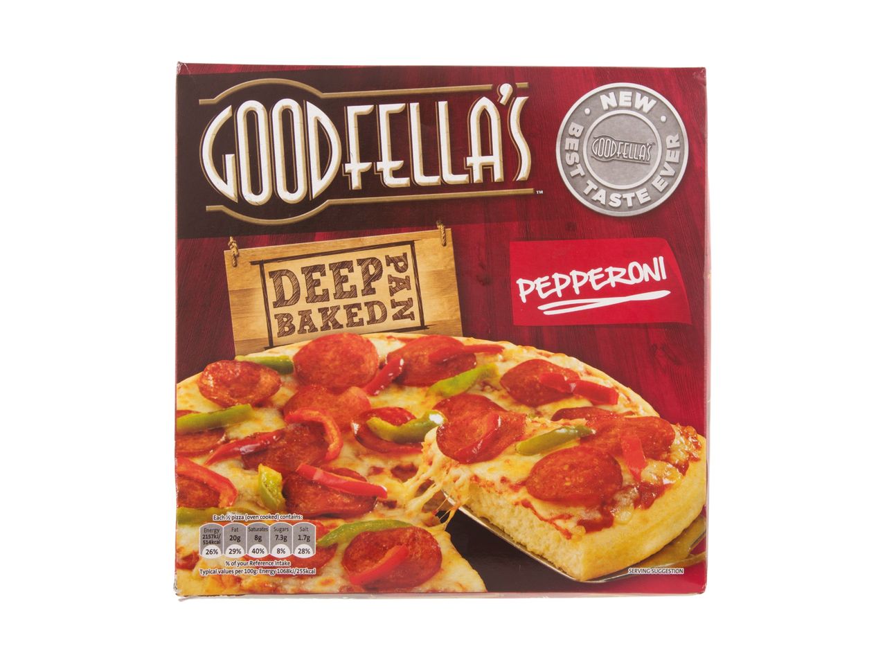 Goodfella's Deep Pan Pepperoni Pizza box with nutritional information.