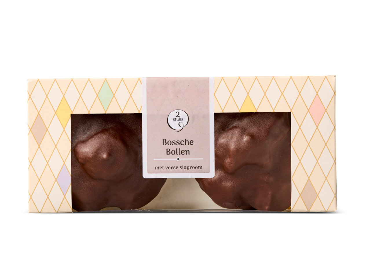 Twee Bossche Bollen in een doosje met pastelkleuren.