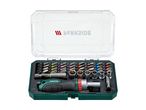 Screwdriver bit set with various bits, sockets, and a ratchet screwdriver in a green case.