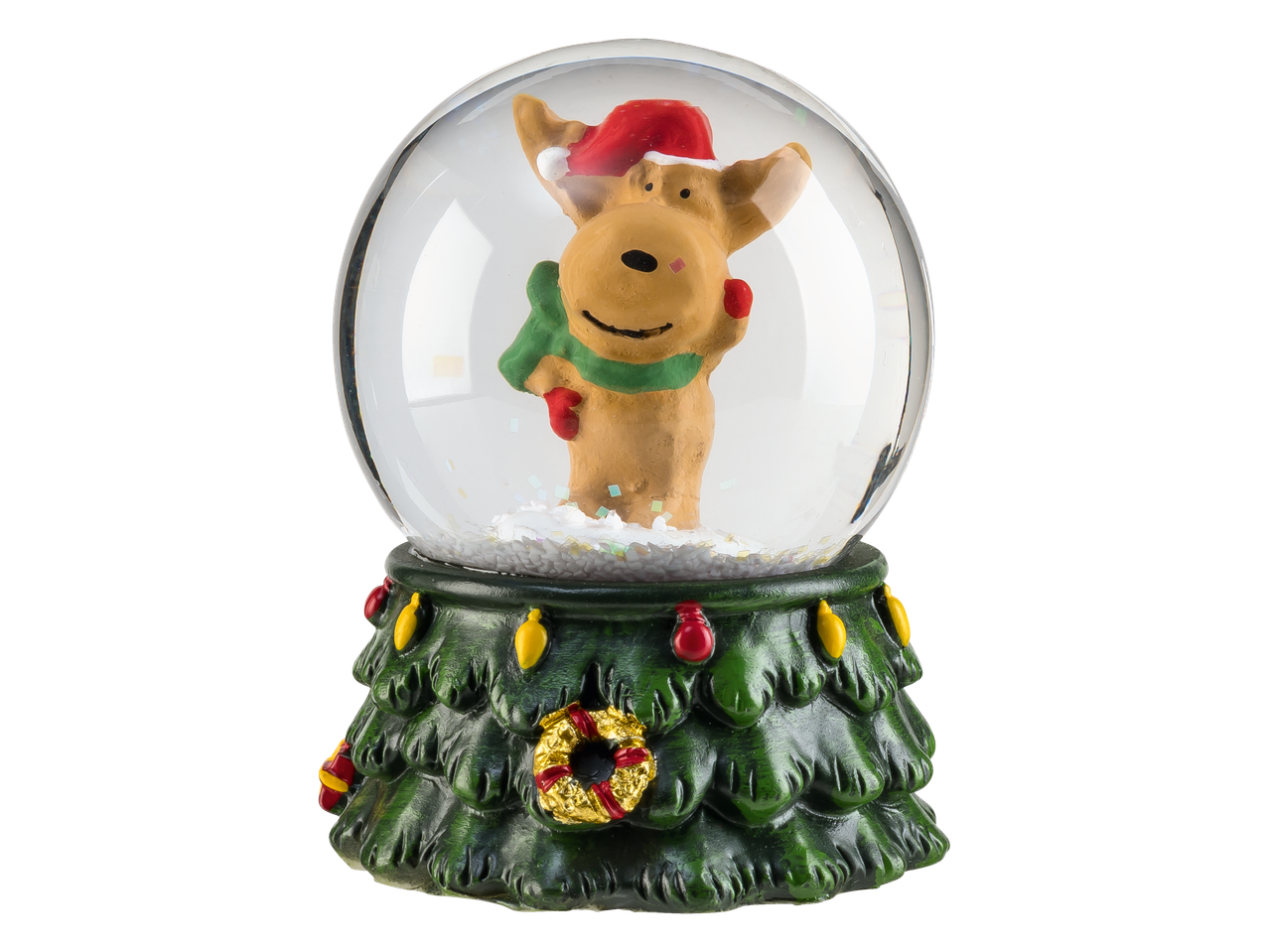 Livarno Home kalėdinė sniego rutulys su elniu, dėvinčiu Kalėdų Senelio kepurę ir šaliką.