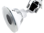 A white and chrome shower head with a suction cup mount, angled against a black background.