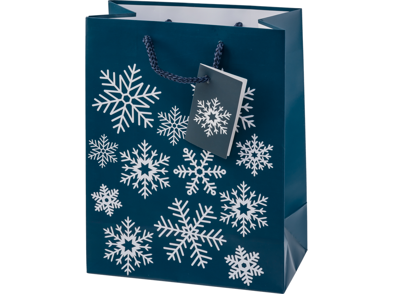 Tumši zils Crelando® dāvanu maisiņš ar baltām sniegpārslām un birku.