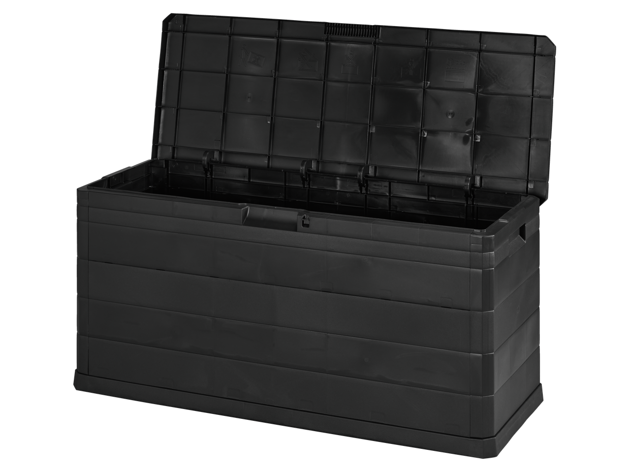 LIVARNO universālā uzglabāšanas lāde, atvērta, redzams interjers un vāka detaļas