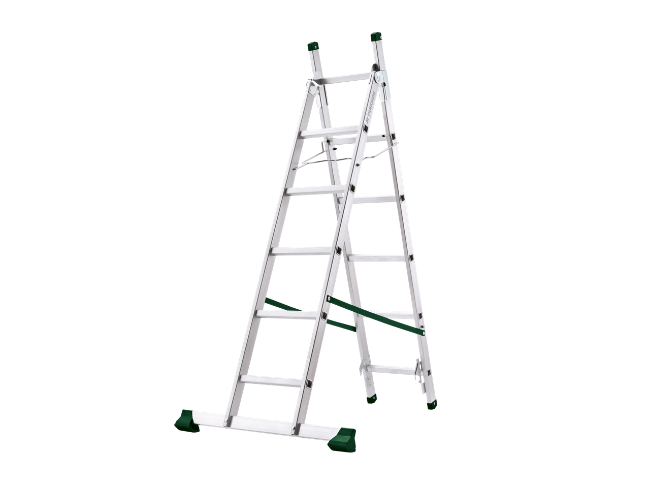 PARKSIDE® 3-in-1 Multi-Purpose Ladder, silver with green accents, in an A-frame configuration.