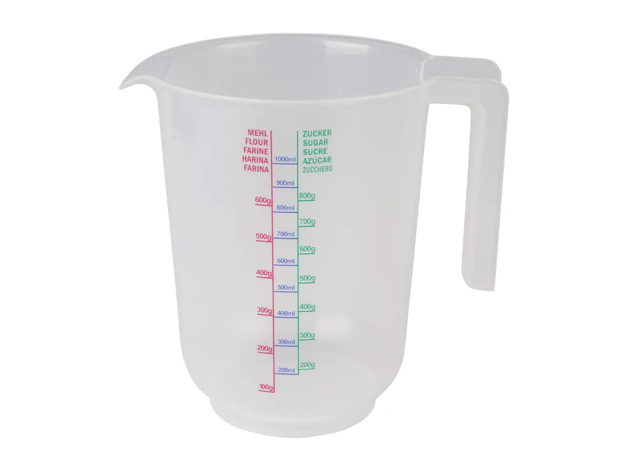 A clear plastic measuring cup with markings for flour, sugar, and liquid in various units.