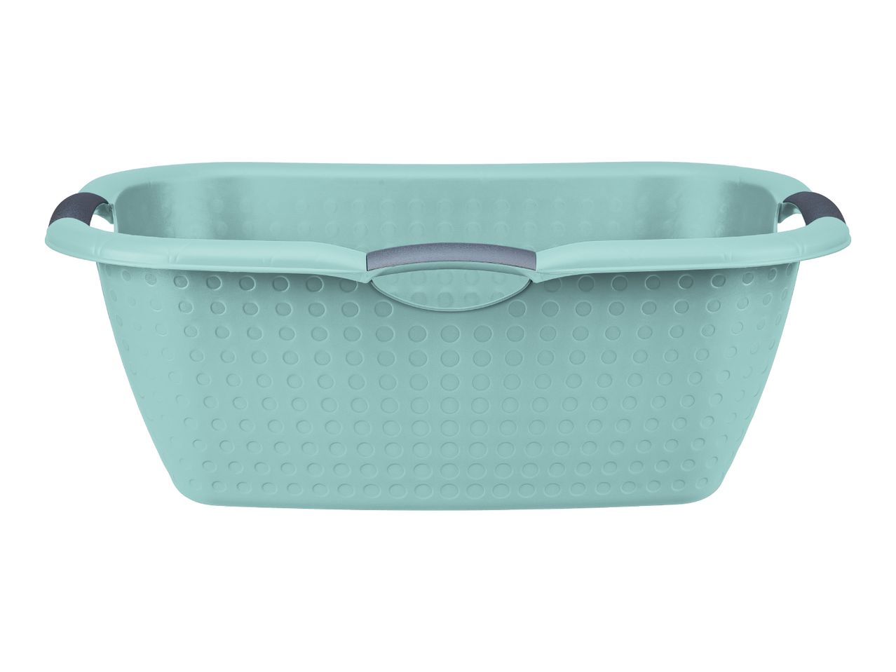 Light blue laundry basket with dark grey handles and a perforated design.