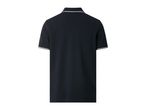 Men's dark blue polo shirt with striped collar and cuffs, back view.