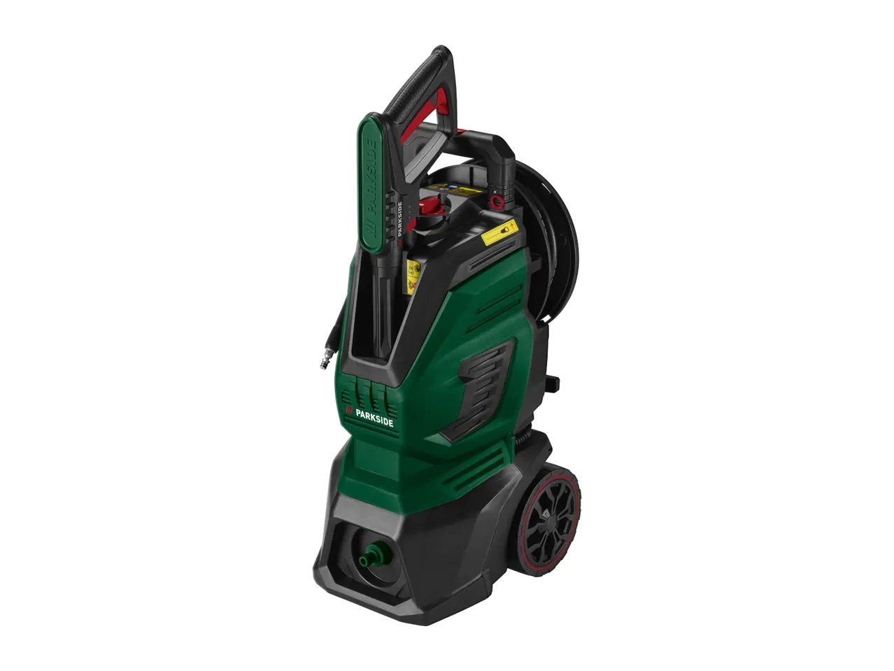Green and black pressure washer with a hose reel and wheels.