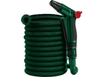 Green garden hose with a spray gun, coiled neatly.