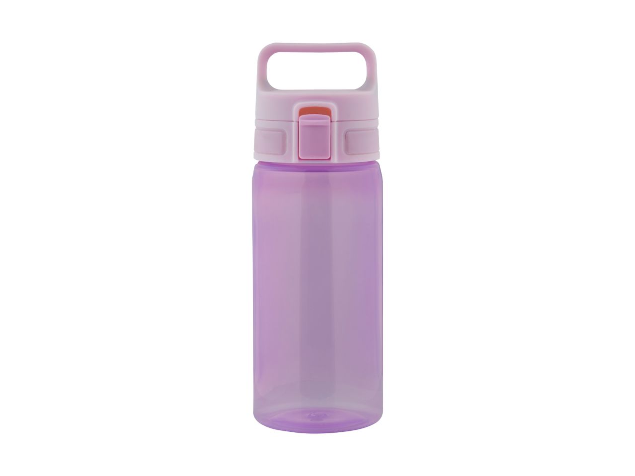 A purple plastic water bottle with a carrying handle.