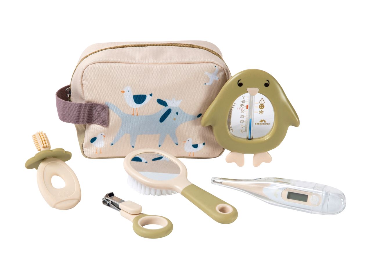 Bebeconfort baby care kit with bag, thermometer, brush, nail clippers, and teether.