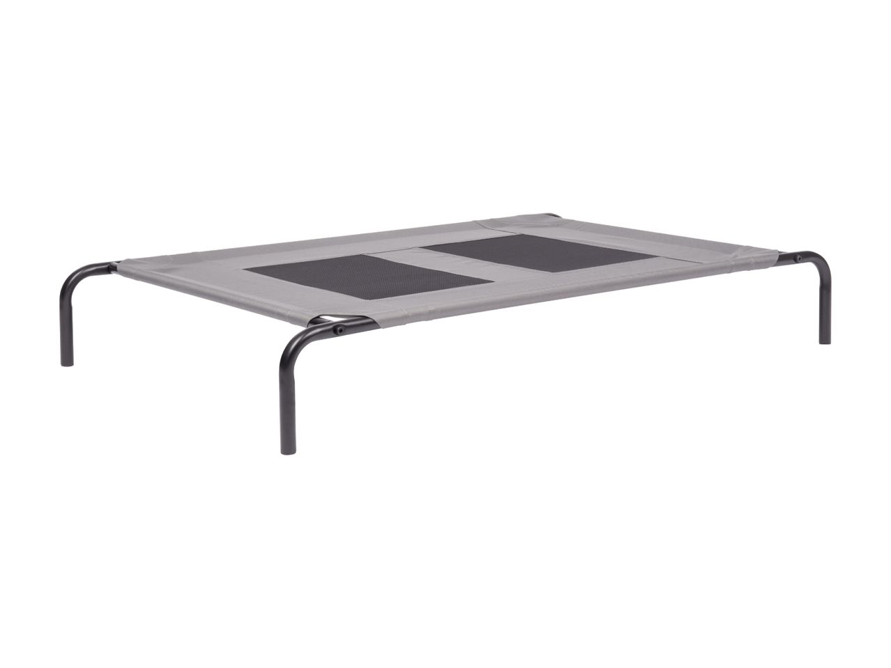 A gray elevated pet bed with a black metal frame.