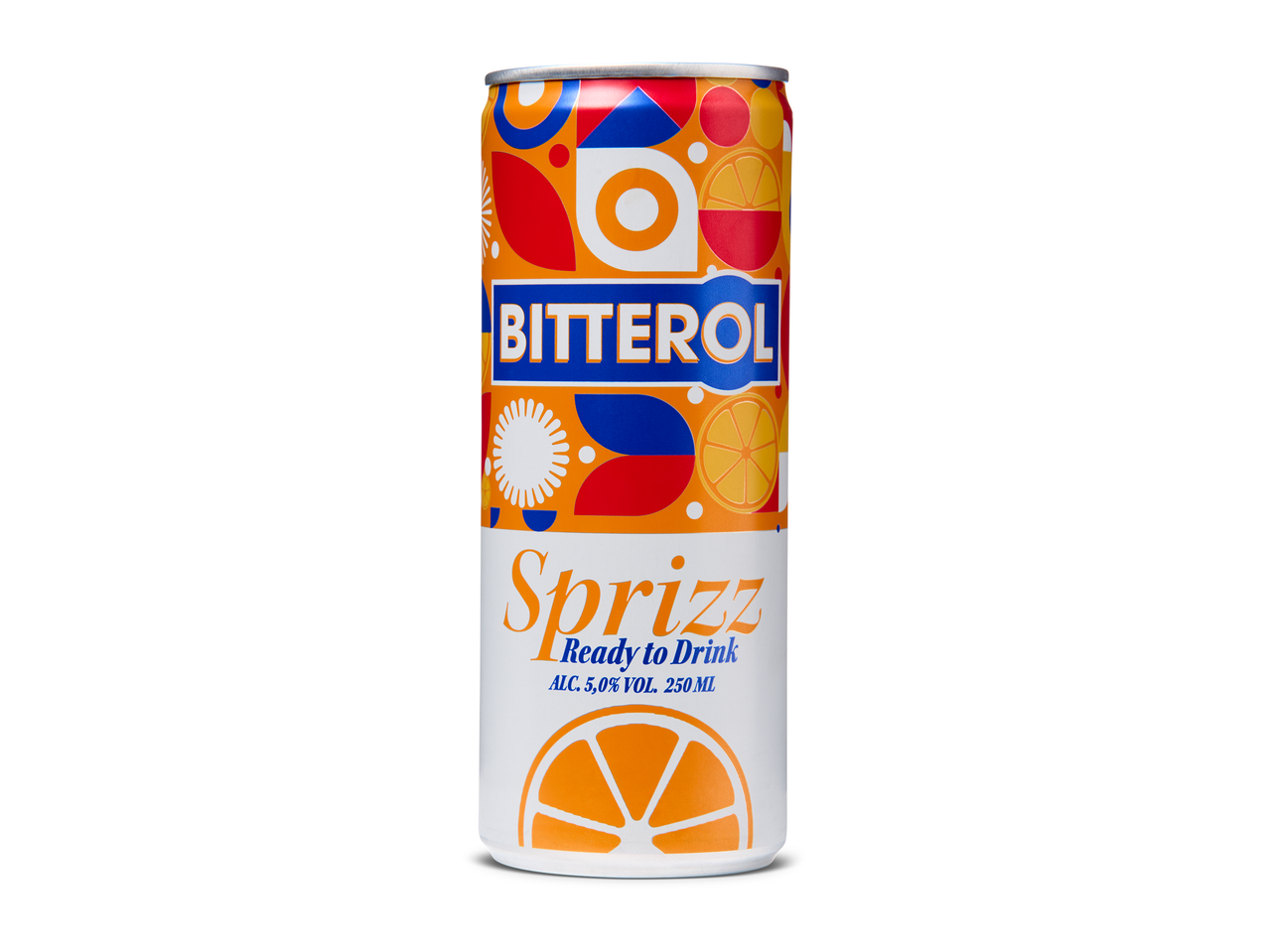Een oranje en wit blikje met een spritz-drankje, versierd met abstracte patronen en sinaasappelschijfjes.