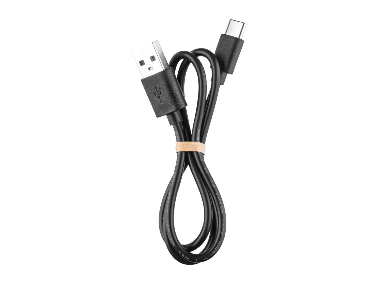 Black USB-A to USB-C cable, coiled and secured with a rubber band.